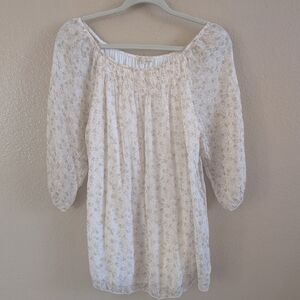 Guisy Italian Made 100% Silk Floral 3/4 Sleeve Smocked Neckline Blouse